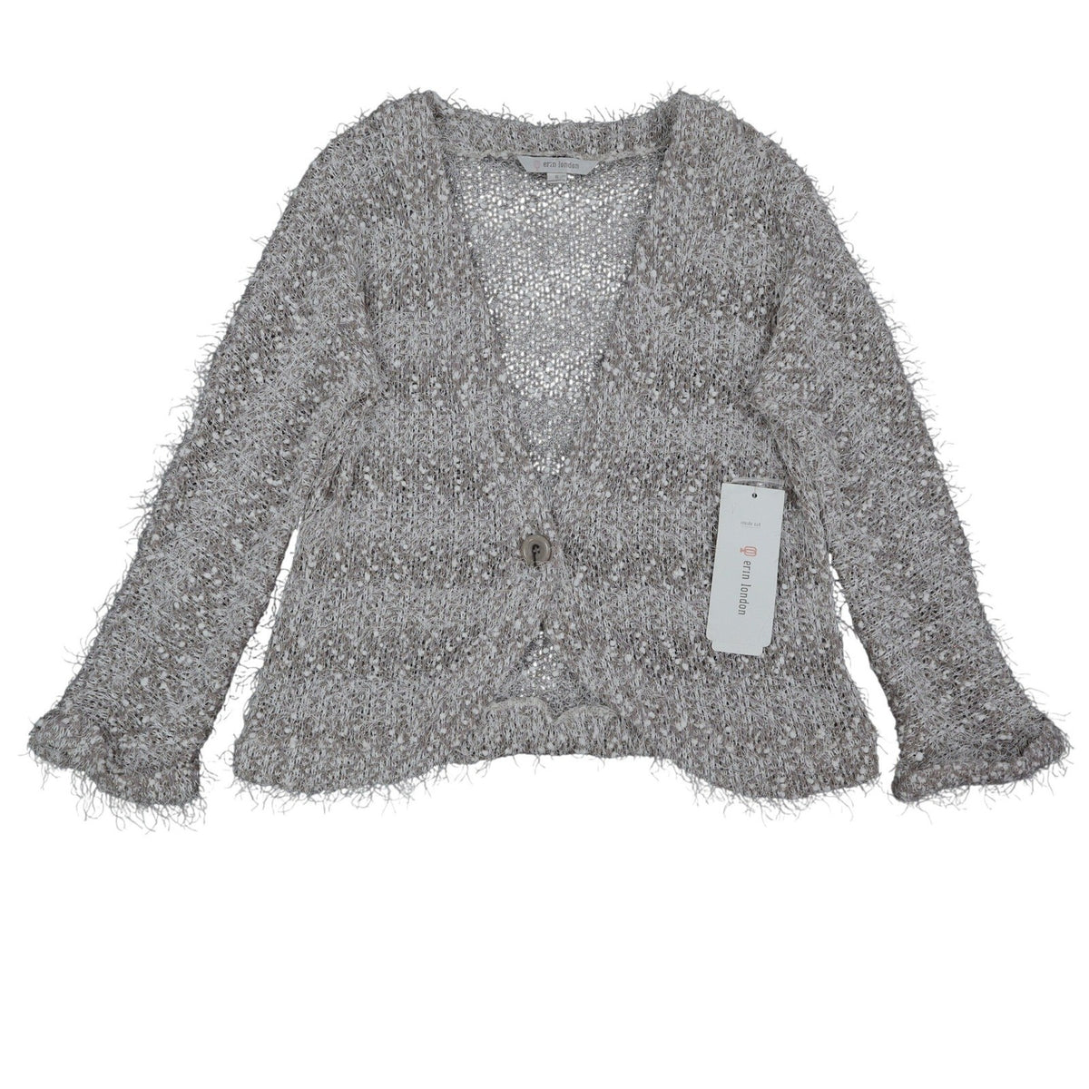 Erin London Cardigan Womens Small Stone Metallic Eyelash Fuzzy Knit Bell Sleeve - take2supply