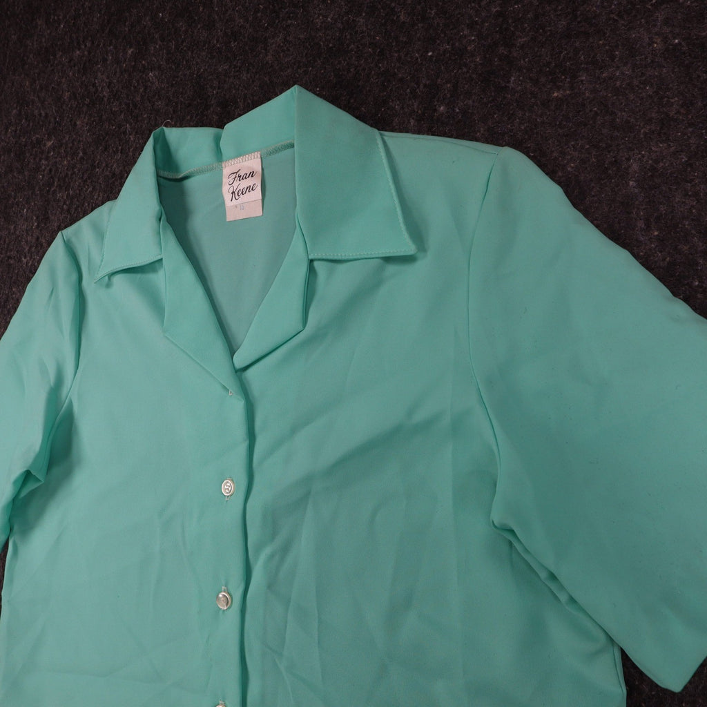 Fran Keene Vintage 70s Blouse Womens 10 Aqua Mint Green Short Sleeve Button Up - take2supply