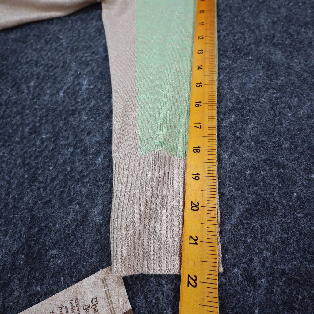 Dunner & Co Sweater Womens S Green Tan Metallic Lurex Colorblock Back Tie Top - take2supply