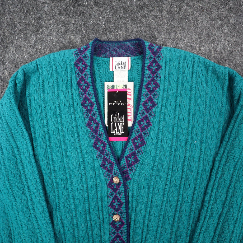 Cricket Lane Cardigan Women Medium Petite Vintage 90s Teal Acrylic Knit NWT USA - take2supply