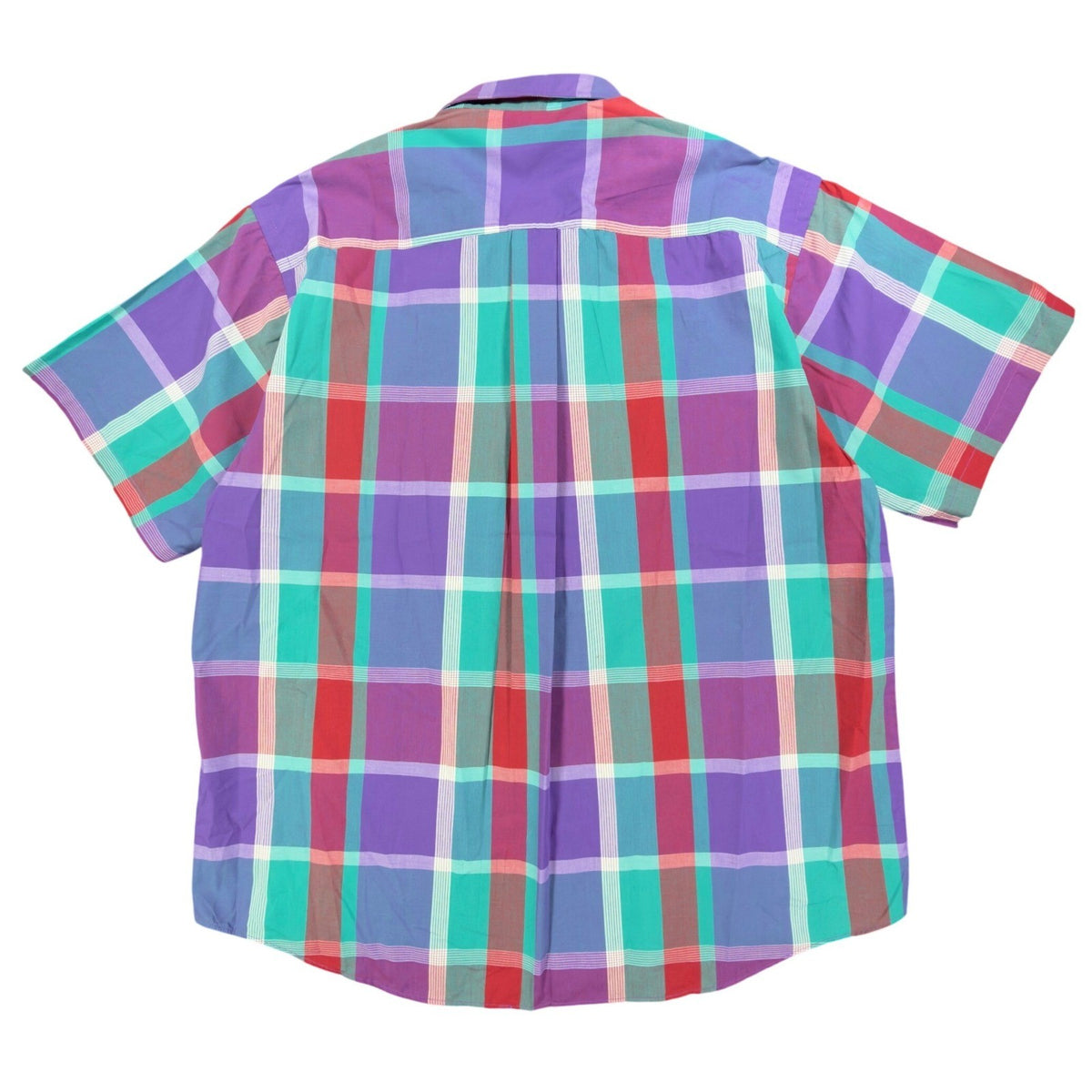 Purple, turquoise and red plaid 417 by Van Heusen shirt, full back view with center pleat