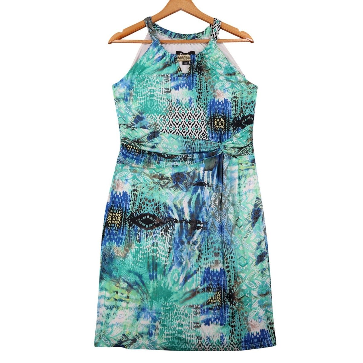Dusak Designs Halter Dress Medium Teal Blue Abstract Print Keyhole Sheath Canada - take2supply