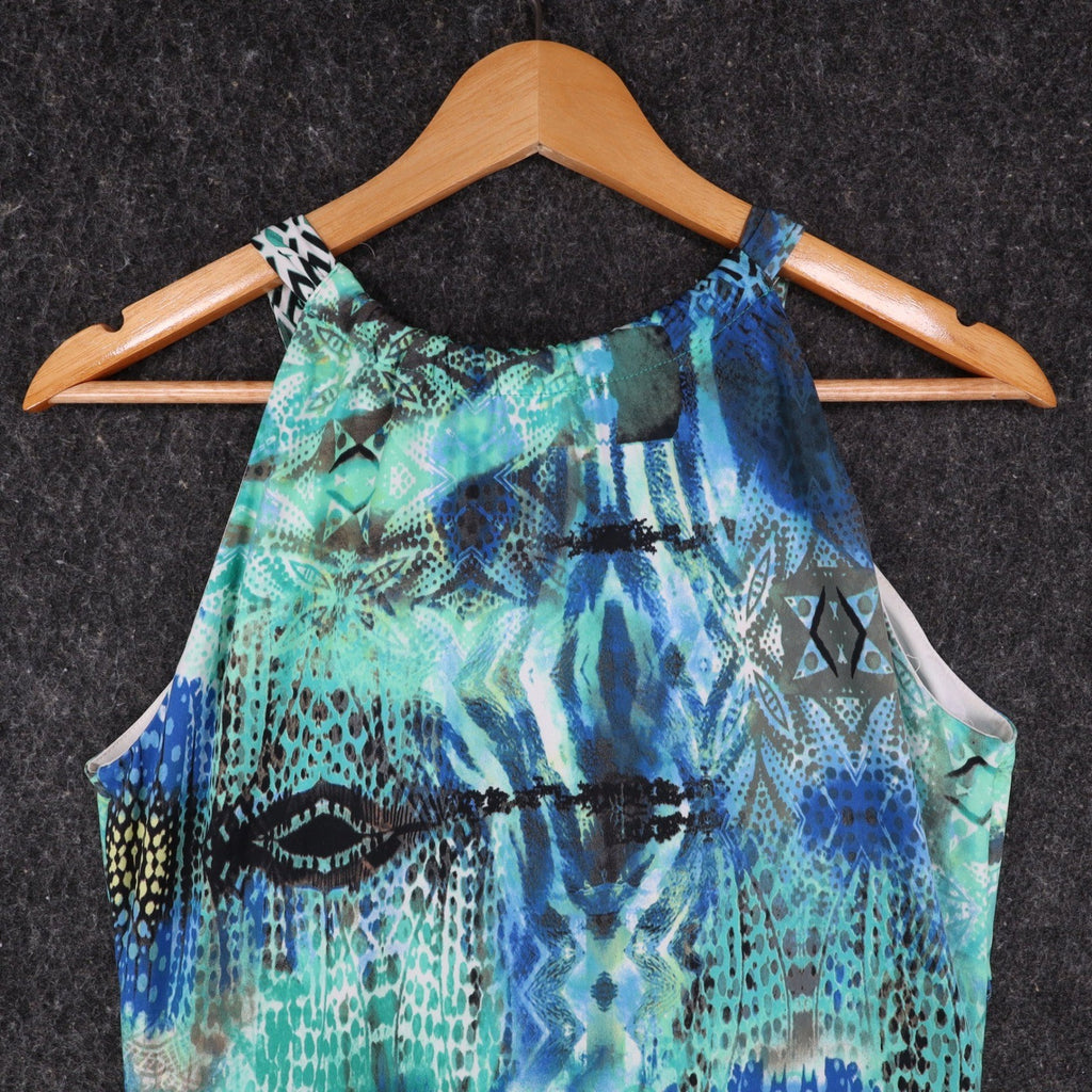 Dusak Designs Halter Dress Medium Teal Blue Abstract Print Keyhole Sheath Canada - take2supply