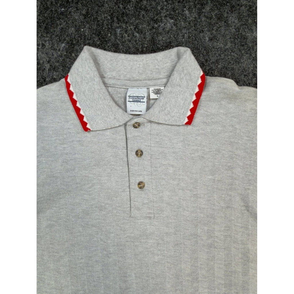 Vintage Cotton Deluxe Casuals Polo Shirt Mens Large Gray Red ZigZag Collar 90s - take2supply