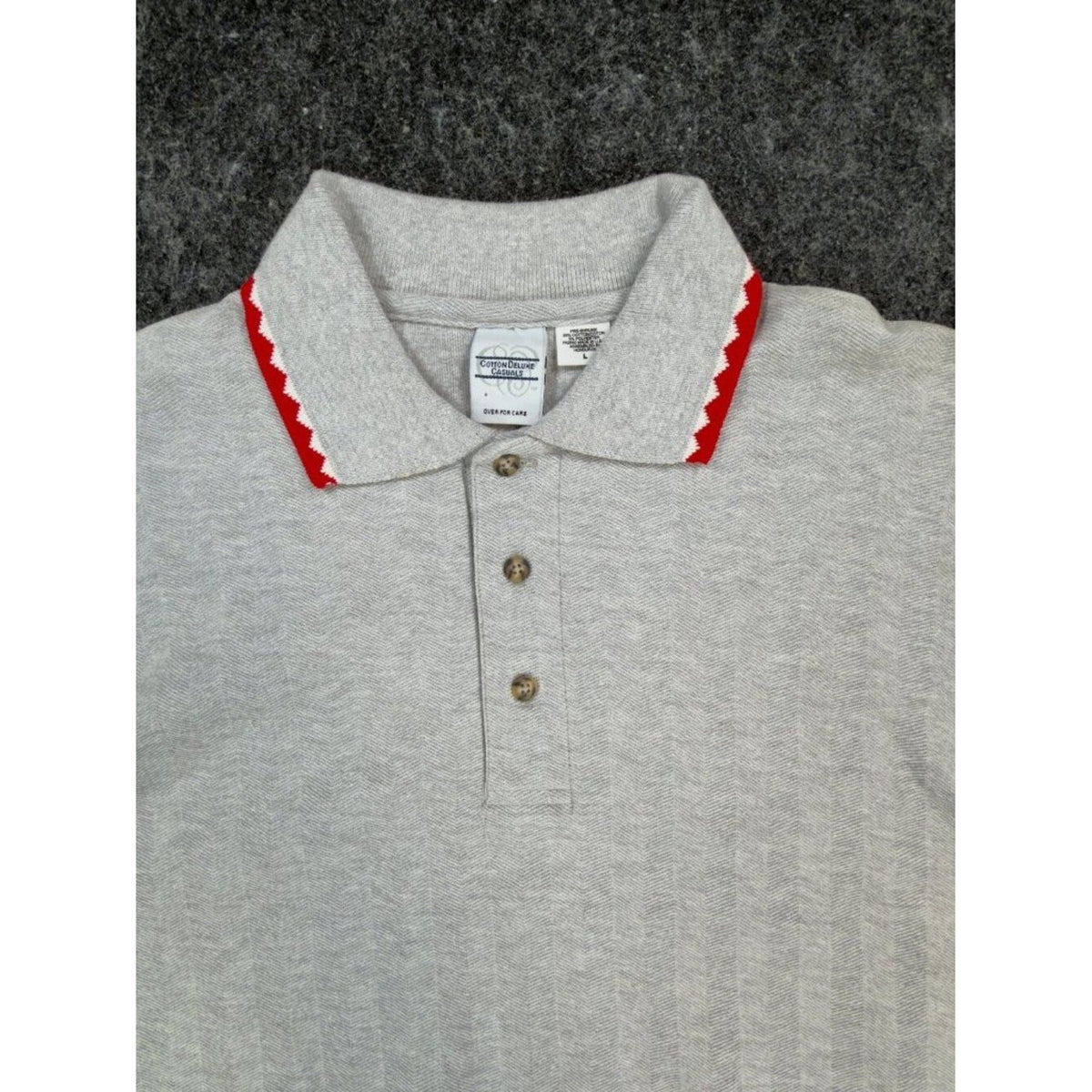 Vintage Cotton Deluxe Casuals Polo Shirt Mens Large Gray Red ZigZag Collar 90s - take2supply