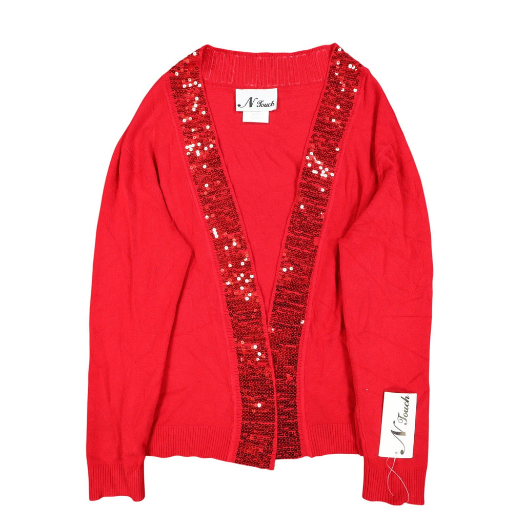 N Touch Cardigan Womens Small Red Sequin Trim Open Front Holiday Sweater NEW - take2supply