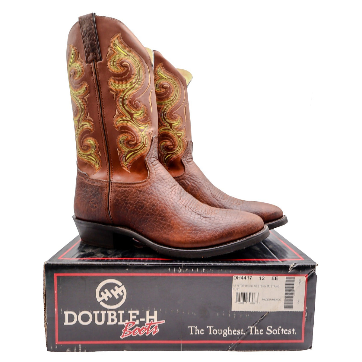 Pair of rust-brown Double-H western boots with yellow shaft stitching displayed on a Double-H shoebox