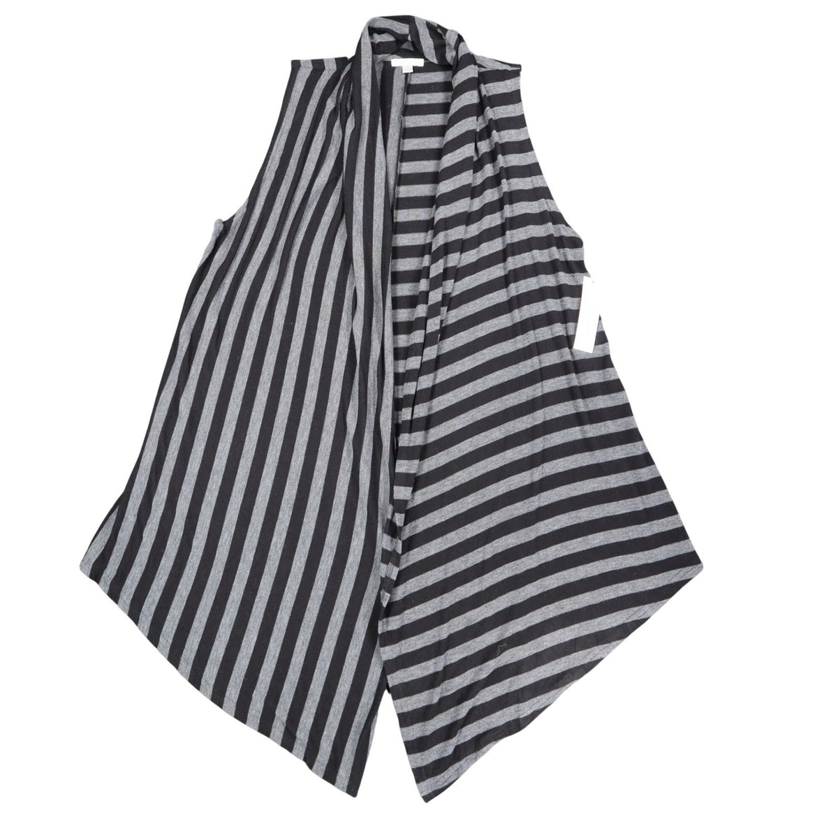 Erin London Open Front Vest Womens Large Black Grey Striped Draped Waterfall Hem - take2supply