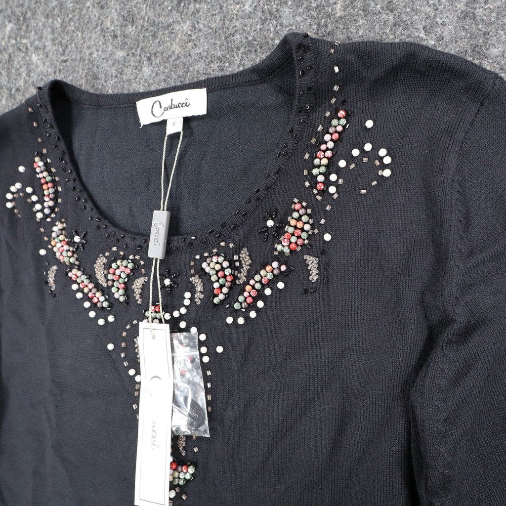 Carducci Beaded Embellished Top Womens Size S Black Rayon Blend 3/4 Sleeve NEW - take2supply