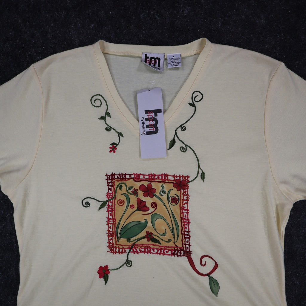TM Sport by That's Me V-Neck Top Large Vintage Y2K Yellow Floral Embroidered NWT - take2supply