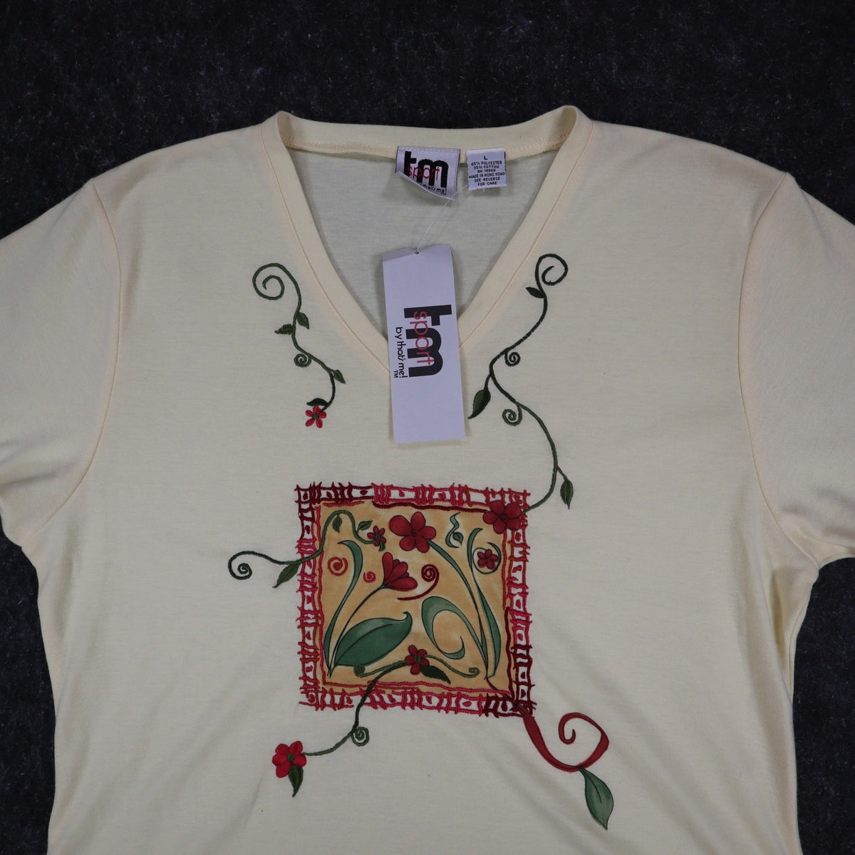 TM Sport by That's Me V-Neck Top Large Vintage Y2K Yellow Floral Embroidered NWT - take2supply