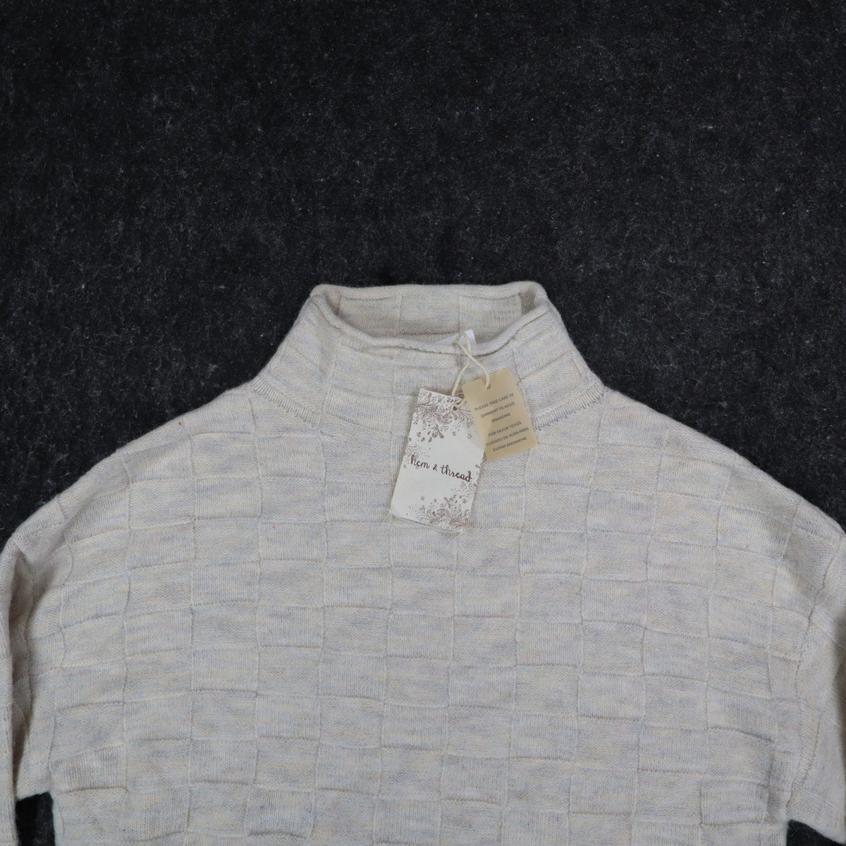 Hem & Thread Mock Neck Sweater Womens Small Cream Textured Checkerboard Knit NEW - take2supply