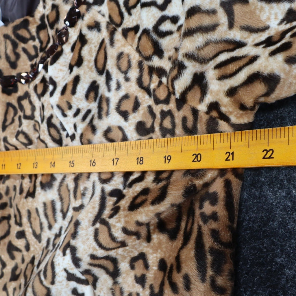 Emma J Faux Fur Jacket Womens Size M Leopard Print Beaded Neck Open Front Brown - take2supply