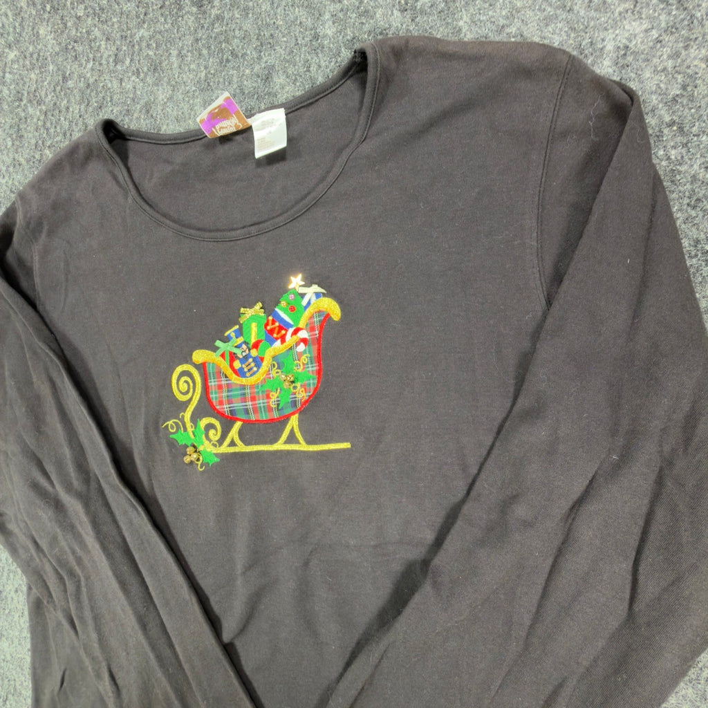 Peanut Butter & Jelly Christmas Sleigh Top Womens L Black Cotton New - take2supply