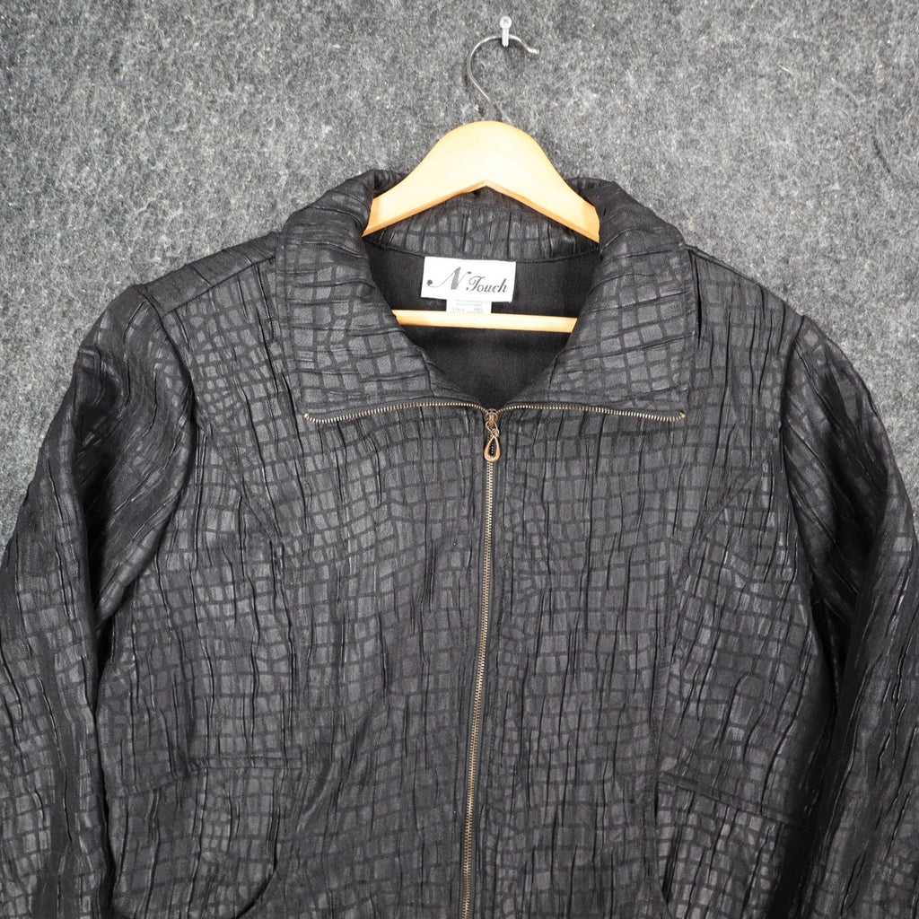 N Touch Zip Up Jacket Womens 14 Black Textured Crinkle Mock Neck New NWT - take2supply