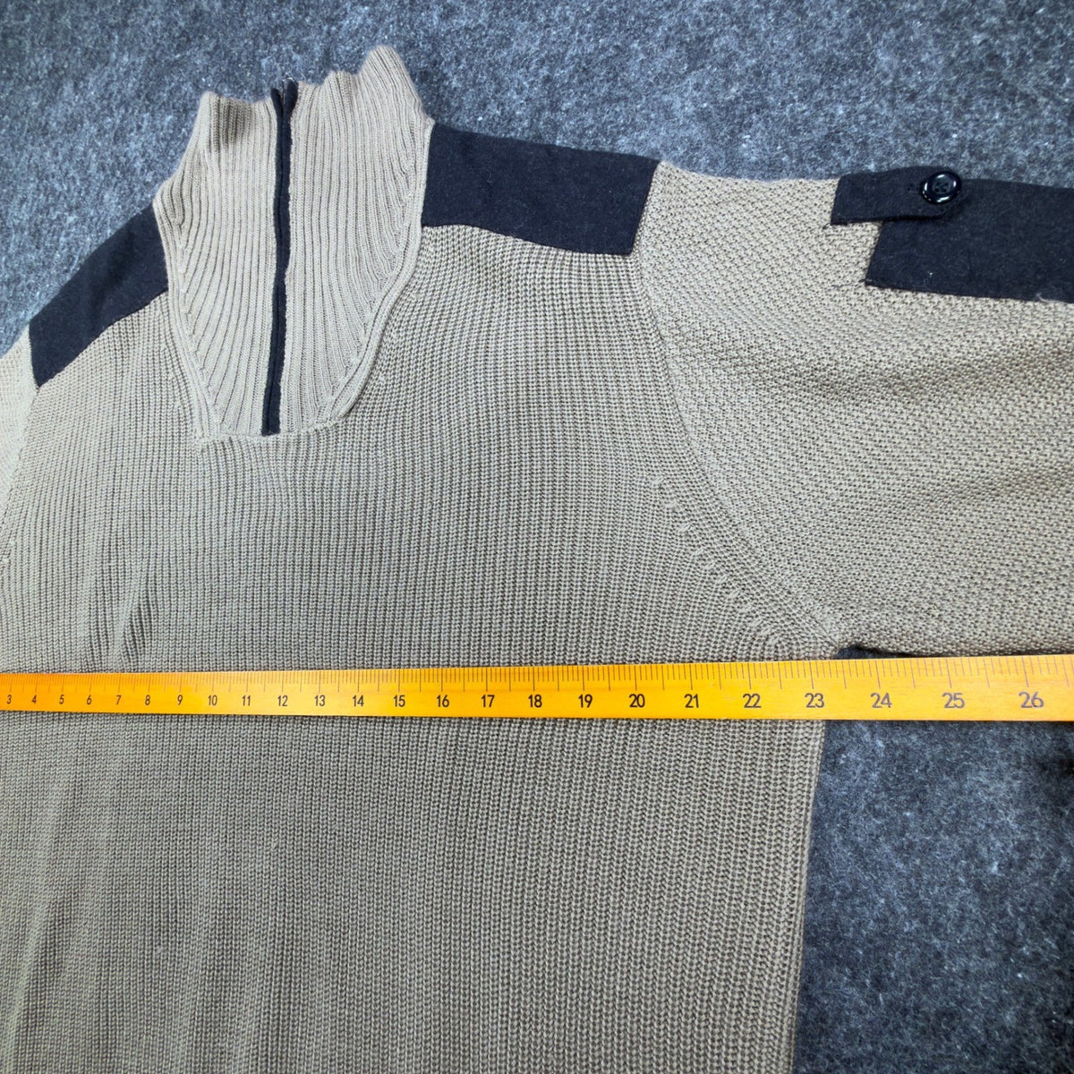 Beige Cellinni quarter-zip ribbed sweater with dark shoulder patches, chest ruler view