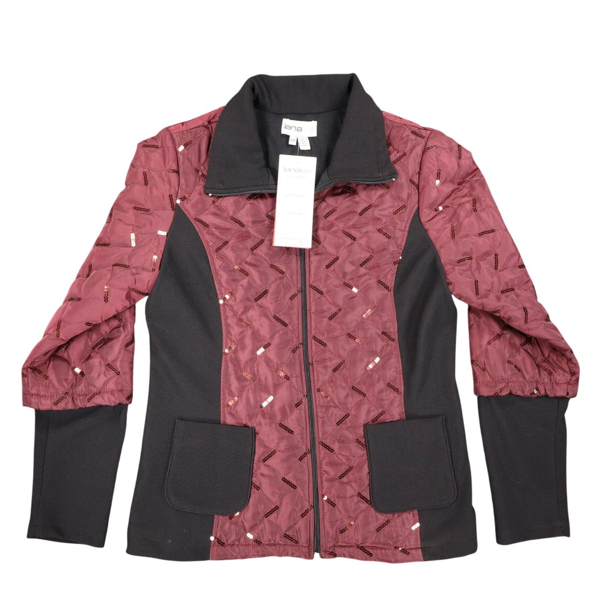 Lanalee Quilted Sequin Jacket Womens Size M Burgundy Black Zip Up Made In Canada - take2supply