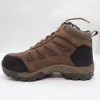Brown Carhartt lace-up hiking boots with black toe guards, opposite side profile facing left
