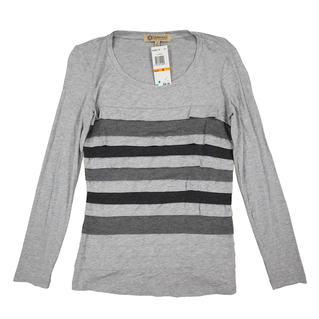 Democracy Top Womens Small Gray Striped Ruffle Front Long Sleeve Rayon Stretch - take2supply