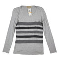 Democracy Top Womens Small Gray Striped Ruffle Front Long Sleeve Rayon Stretch - take2supply