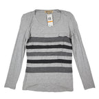 Democracy Top Womens Small Gray Striped Ruffle Front Long Sleeve Rayon Stretch - take2supply