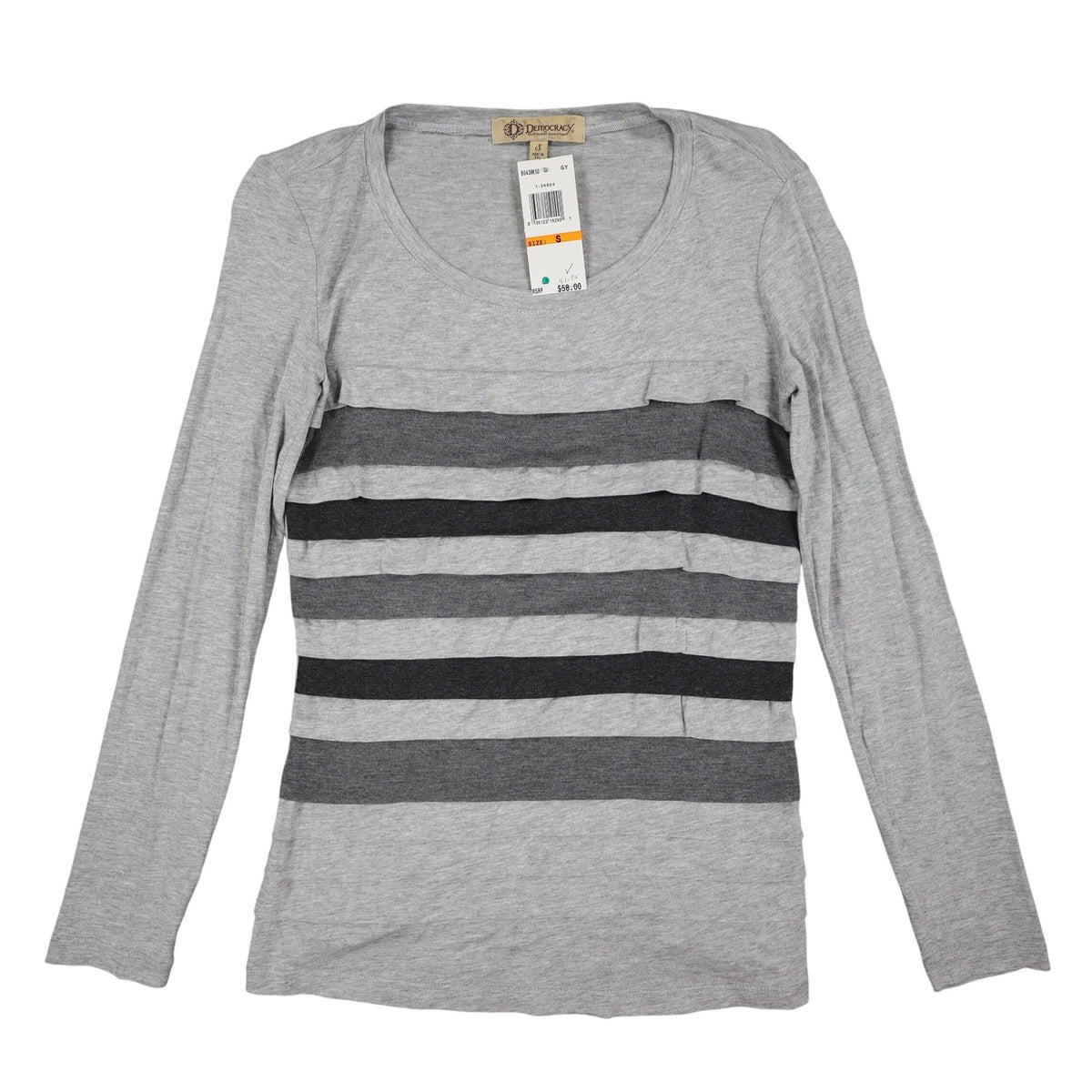 Democracy Top Womens Small Gray Striped Ruffle Front Long Sleeve Rayon Stretch - take2supply