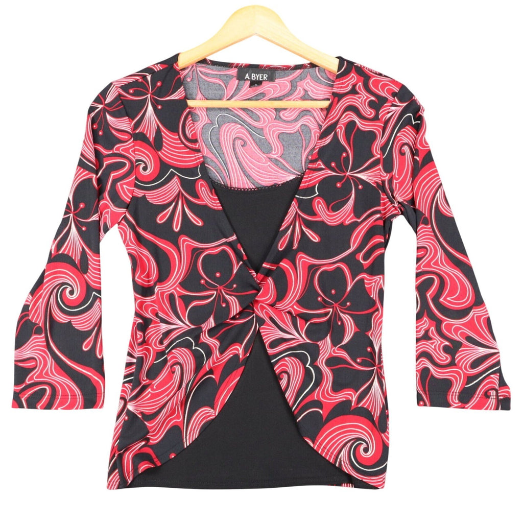A. Byer Top Womens Small Y2K Red Black Swirl Metallic Knot Front 2-in-1 Layered - take2supply