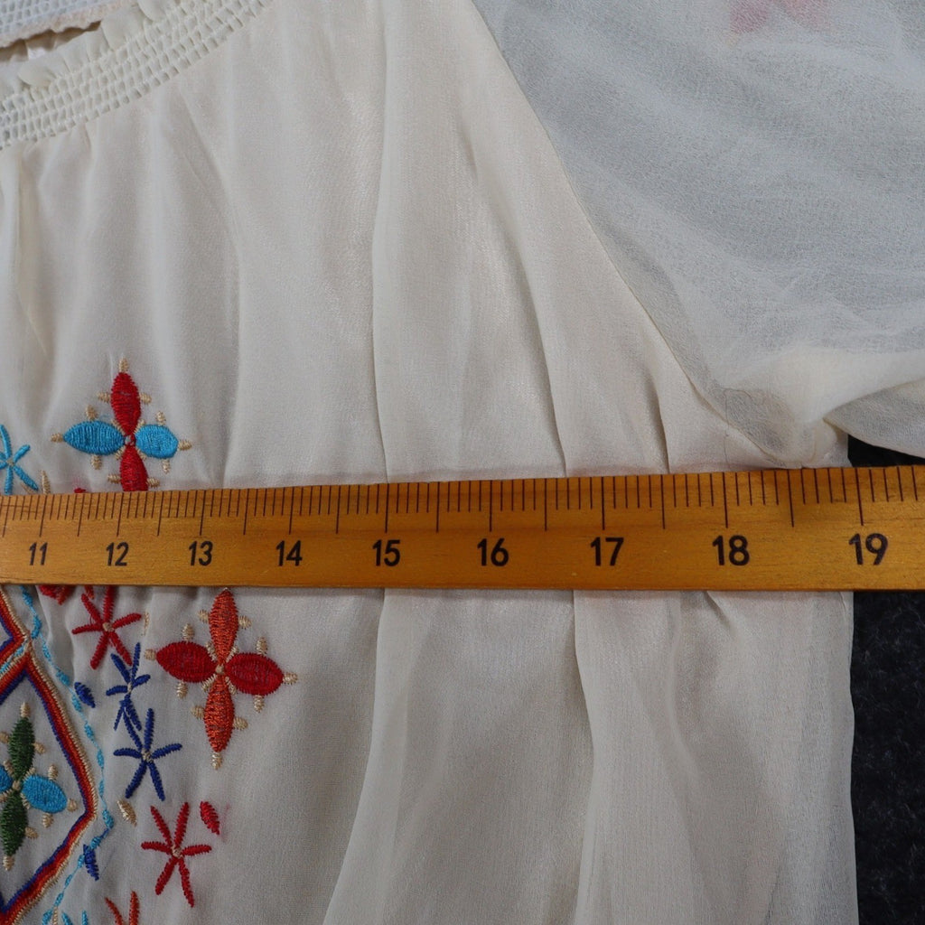 Angie Embroidered Smocked Blouse Womens Size Medium Ivory Boho Sheer Sleeve Top - take2supply