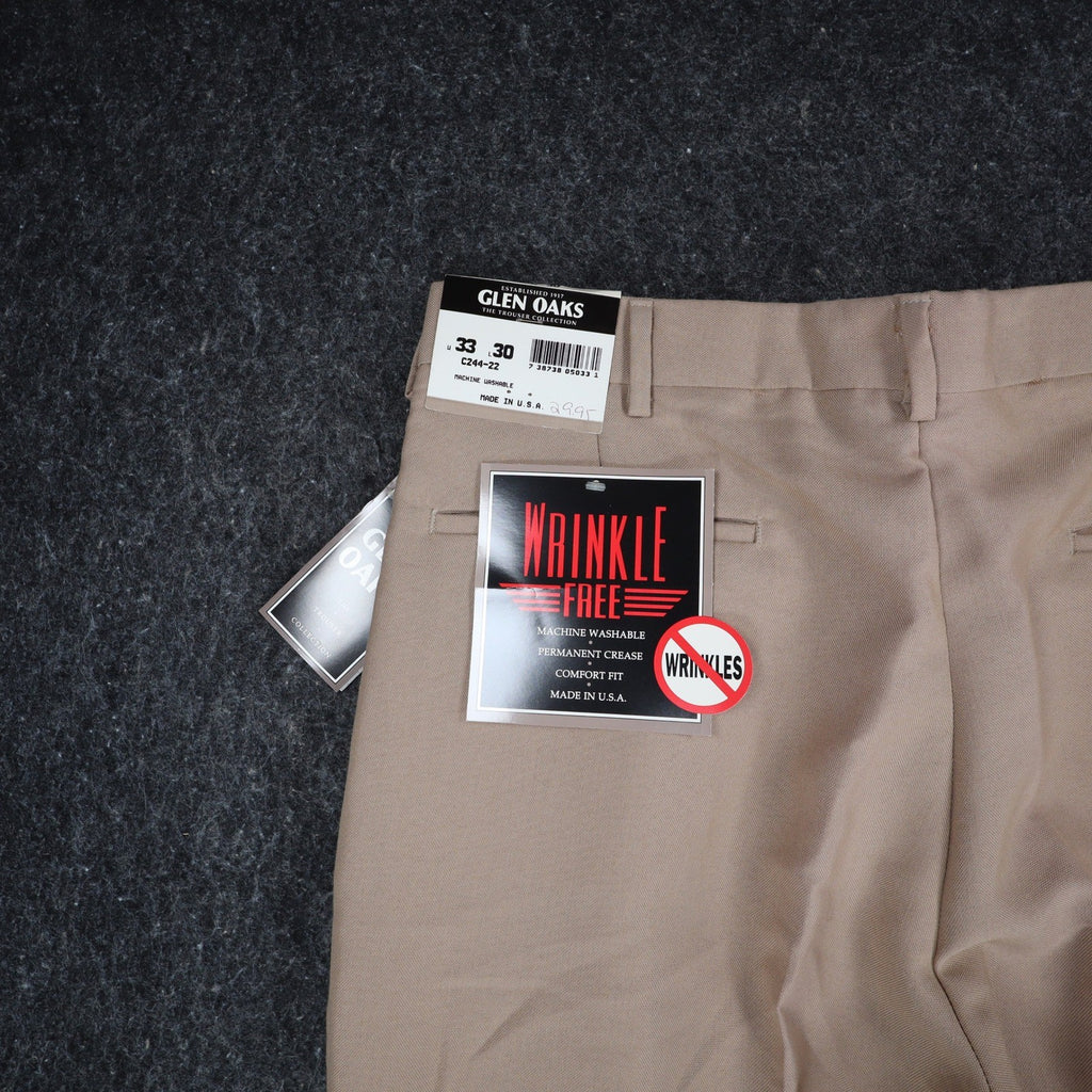 Glen Oaks Pleated Trousers Mens 33x30 Vintage 90s Tan Wool Blend Deadstock USA - take2supply