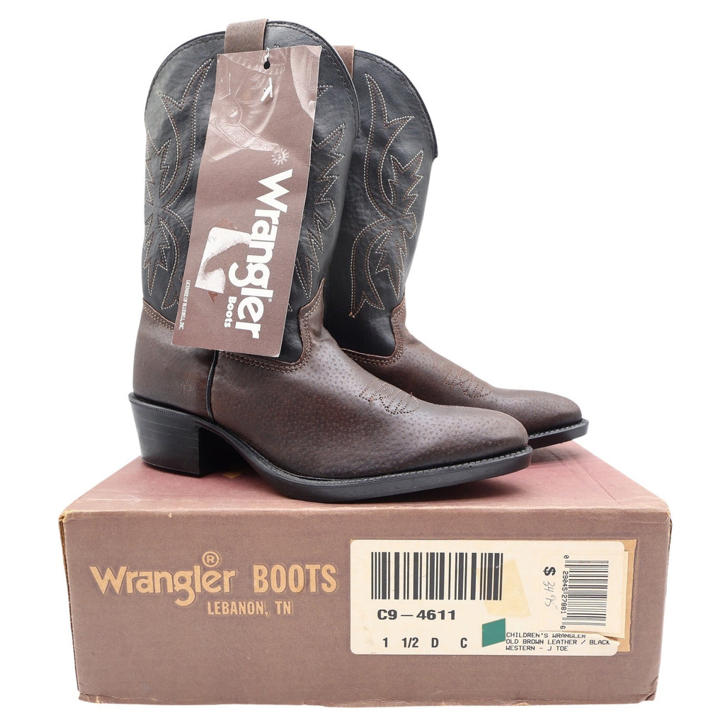 Wrangler Vintage Western Cowboy Boots Childrens 1.5 Brown Black Leather NWT - take2supply