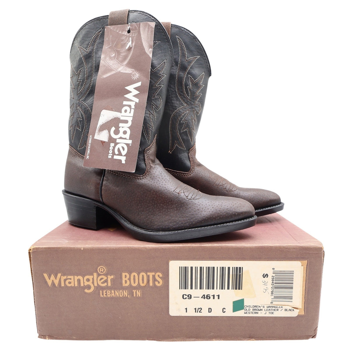 Wrangler Vintage Western Cowboy Boots Childrens 1.5 Brown Black Leather NWT - take2supply