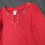 Links Top Womens Small Red Beaded Keyhole Neckline 3/4 Sleeve Cotton Spandex - take2supply