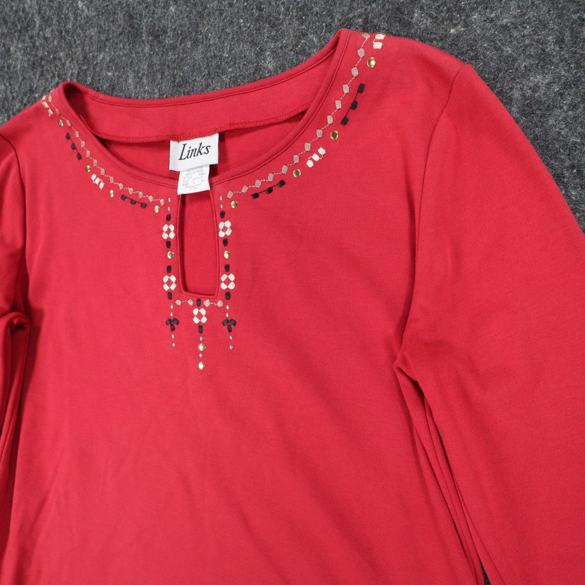 Links Top Womens Small Red Beaded Keyhole Neckline 3/4 Sleeve Cotton Spandex - take2supply
