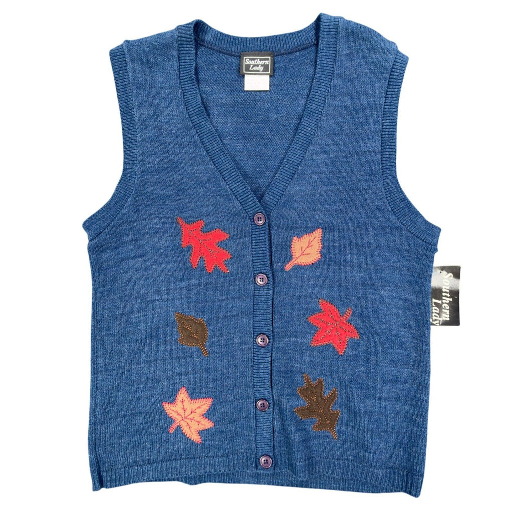Southern Lady Vintage Sweater Vest Womens M Blue Leaf Embroidered Deadstock NWT - take2supply