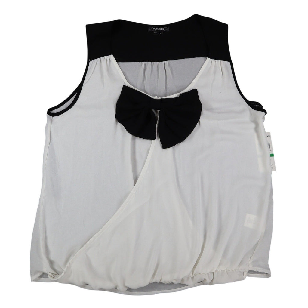 mymichelle Sleeveless Blouse Large White Black Bow Chiffon Faux Wrap Top - take2supply