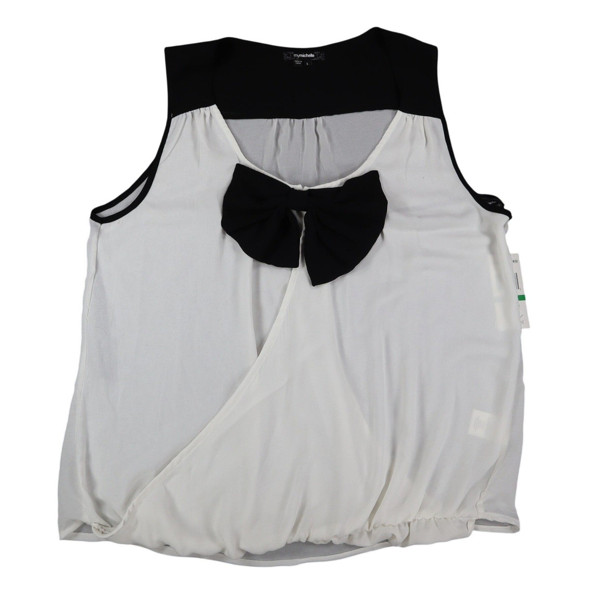 mymichelle Sleeveless Blouse Large White Black Bow Chiffon Faux Wrap Top - take2supply