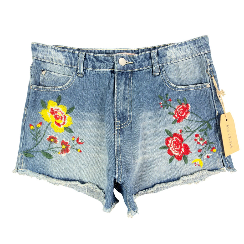 Blu Pepper Modern Embroidered Denim Shorts Womens Medium Blue Cotton NWT - take2supply