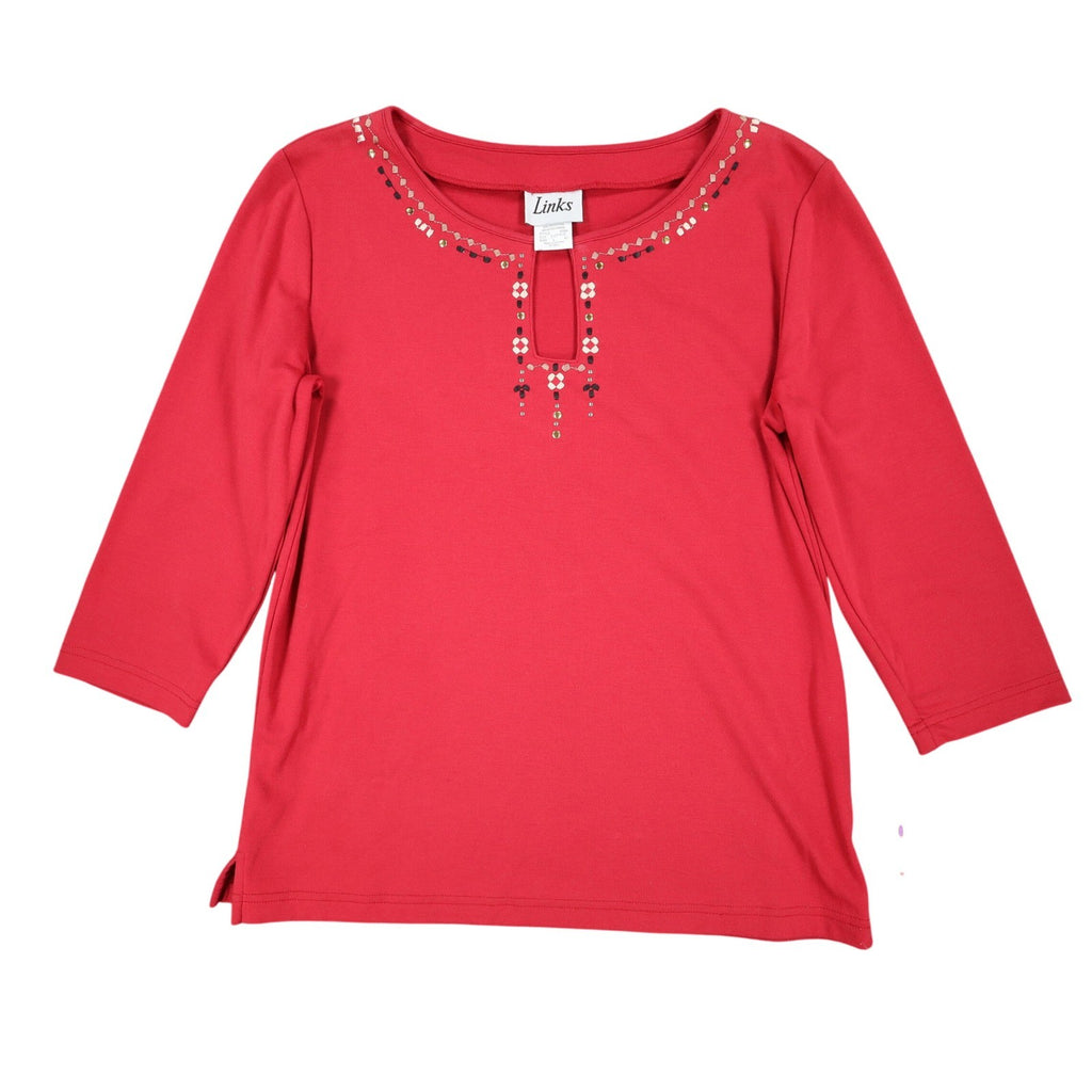 Links Top Womens Small Red Beaded Keyhole Neckline 3/4 Sleeve Cotton Spandex - take2supply