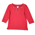 Links Top Womens Small Red Beaded Keyhole Neckline 3/4 Sleeve Cotton Spandex - take2supply