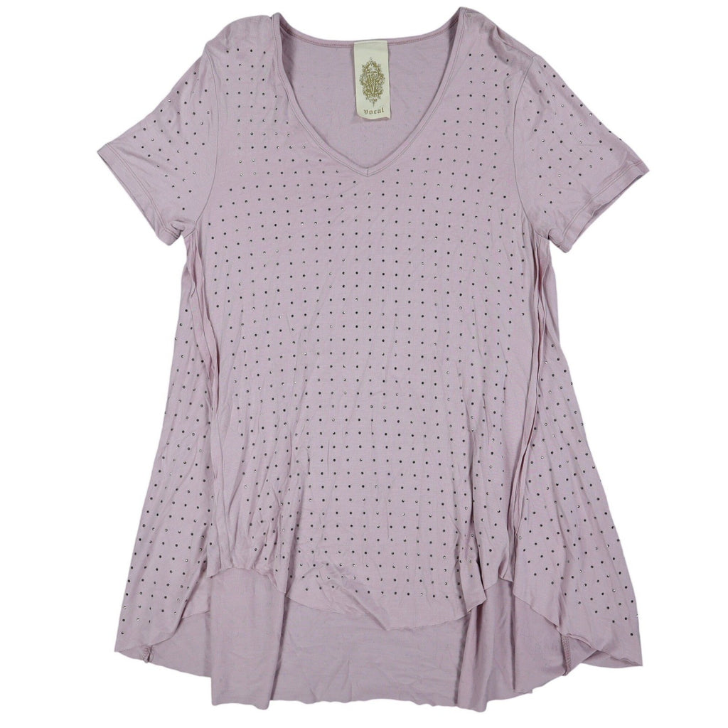 Vocal Rhinestone Stud Tunic Top Womens Small Mauve Pink High Low Layered V-Neck - take2supply