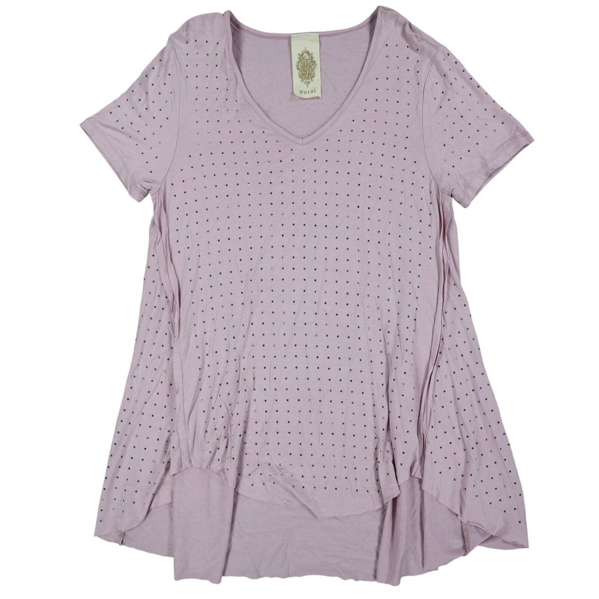 Vocal Rhinestone Stud Tunic Top Womens Small Mauve Pink High Low Layered V-Neck - take2supply