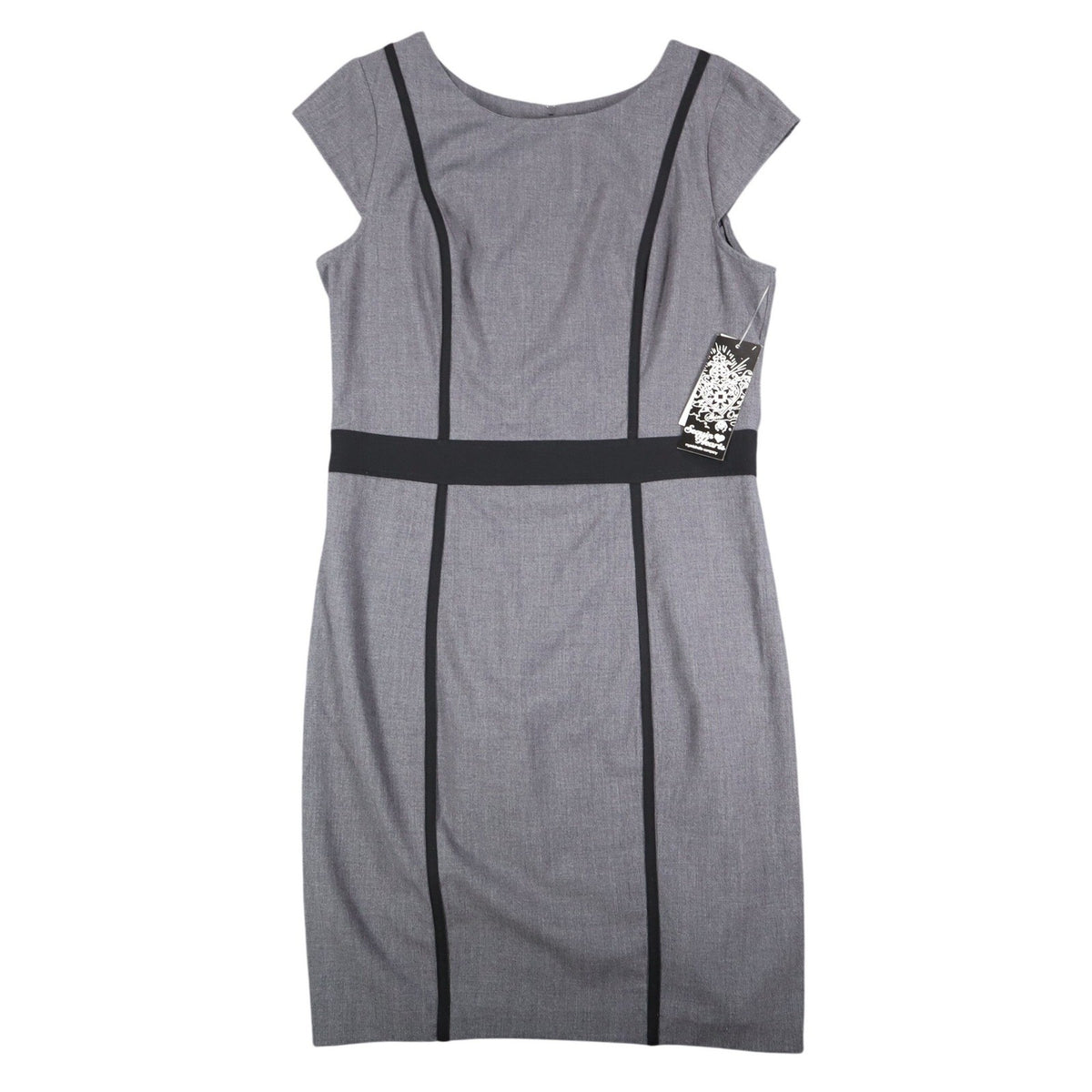 Sequin Hearts Sheath Dress Womens 13 Gray Black Trim Cap Sleeve Career Bodycon - take2supply