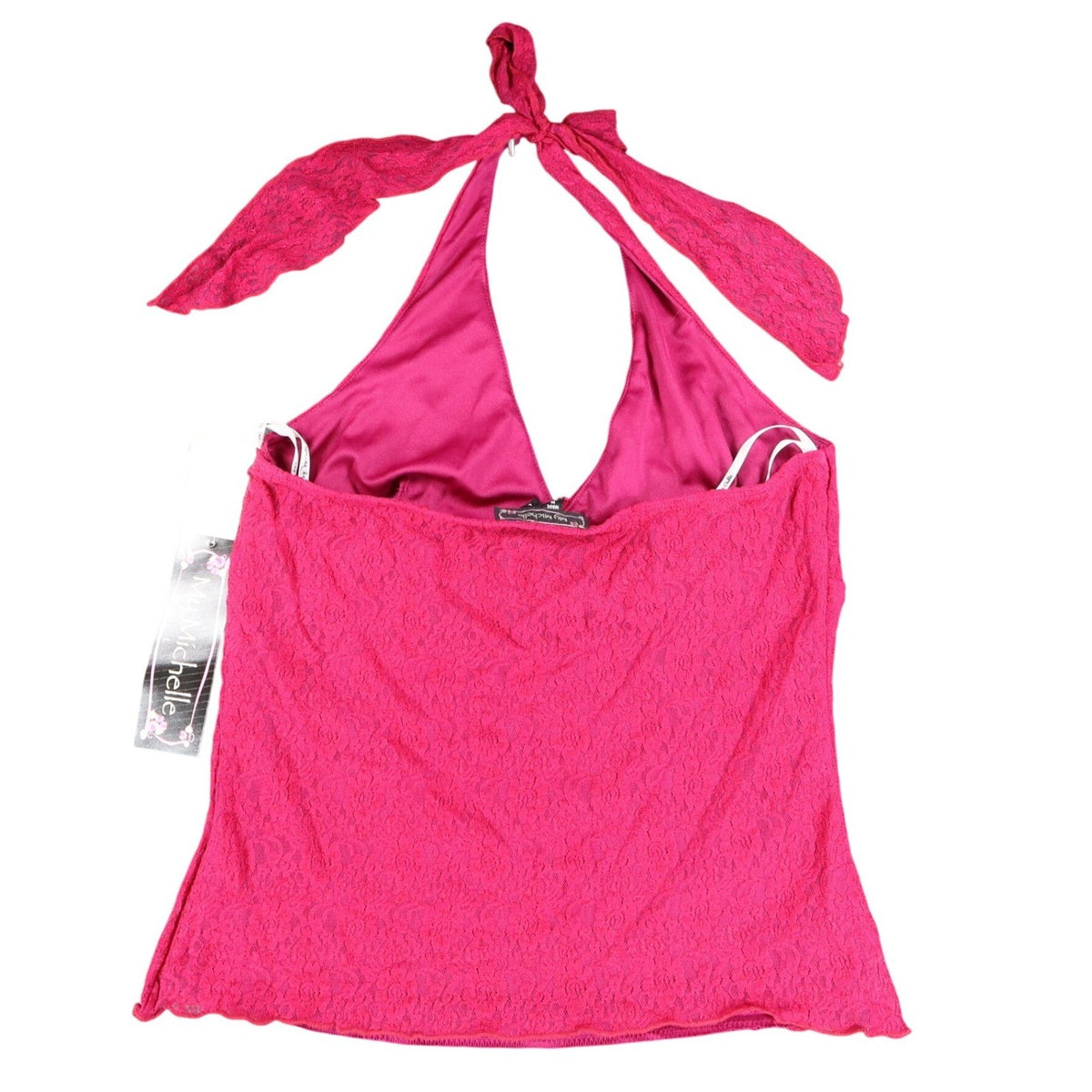 My Michelle Halter Top Large Y2K Pink Floral Lace Tie Neck Lettuce Hem NWT - take2supply