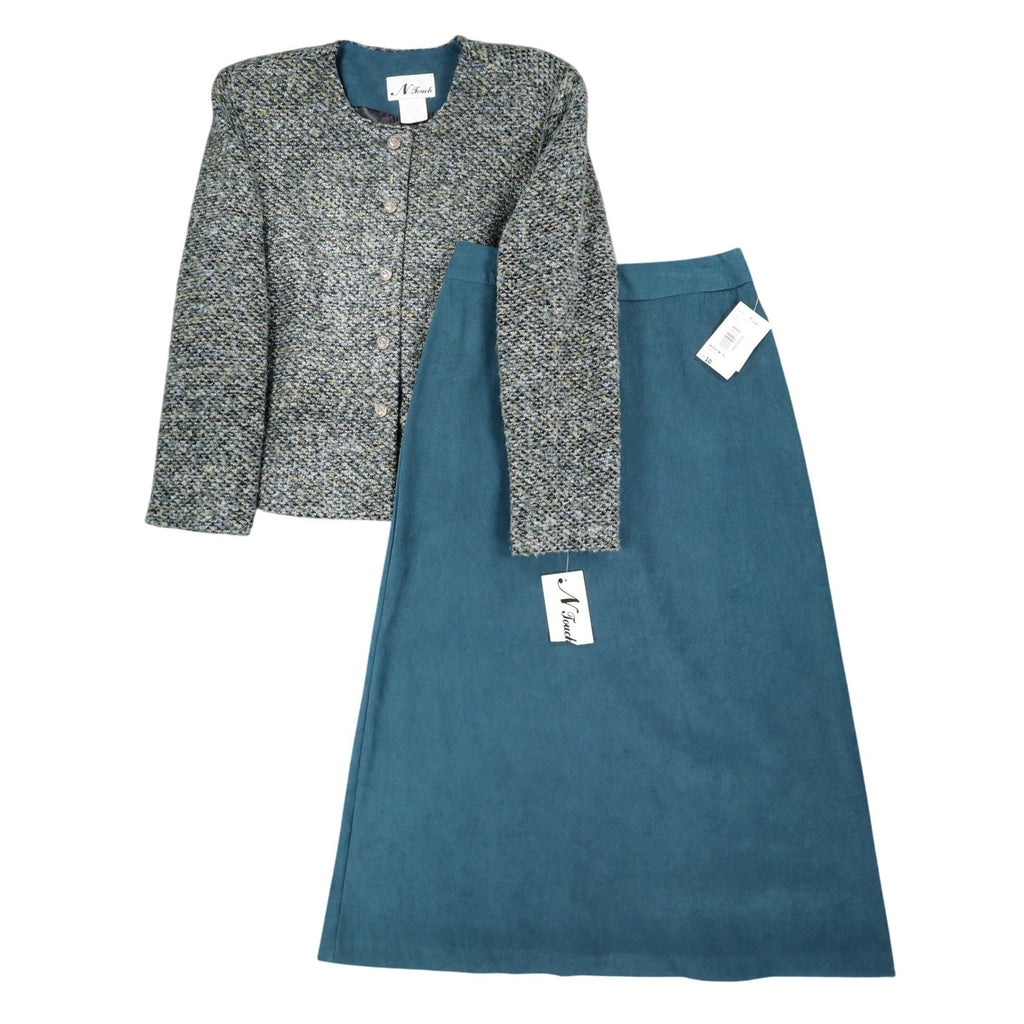 N Touch Skirt Suit Set Women 10 Teal Blue Multi Boucle Jacket & Midi Skirt NWT - take2supply
