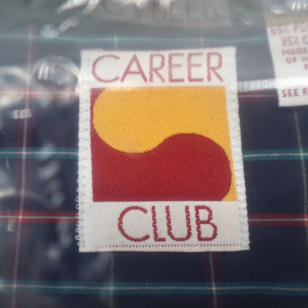 Career Club Plaid Button Down Shirt Mens XL Vintage 80s Navy Poly Cotton USA NOS - take2supply