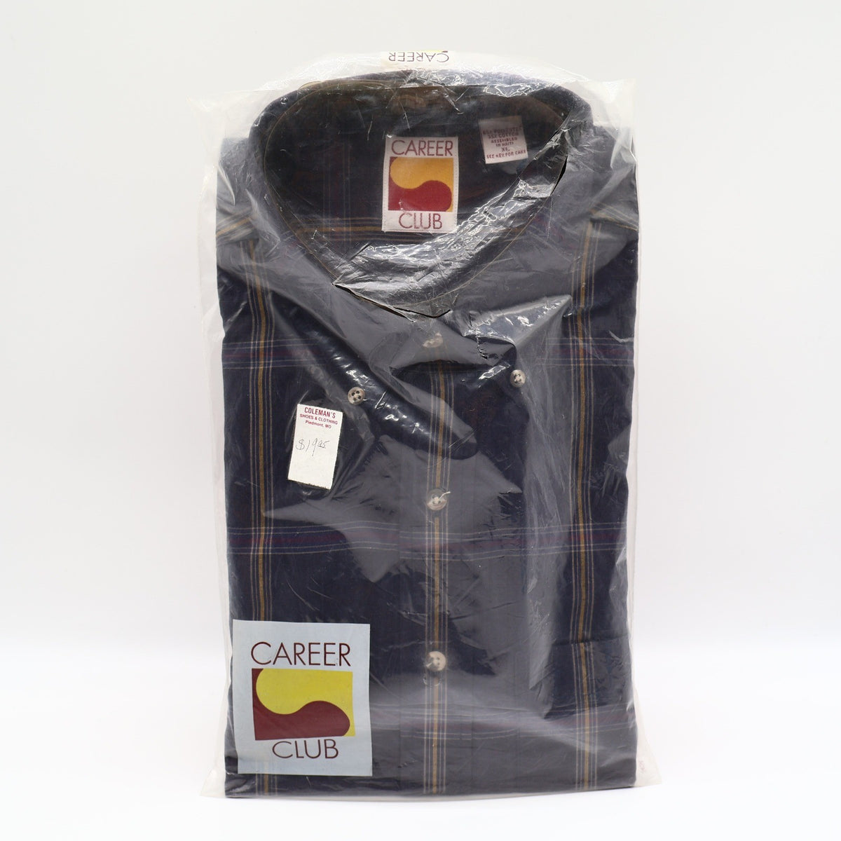 Career Club Shirt Mens XL Navy Gold Burgundy Windowpane Plaid New Packaged - take2supply