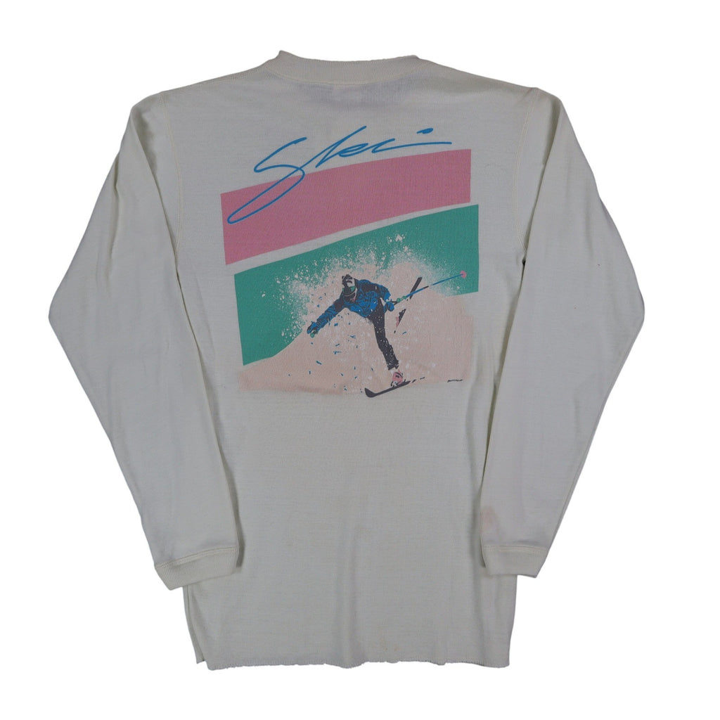 Buffalo Shirts Henley Shirt Medium Vintage 90s Skier Graphic Long Sleeve Cream - take2supply