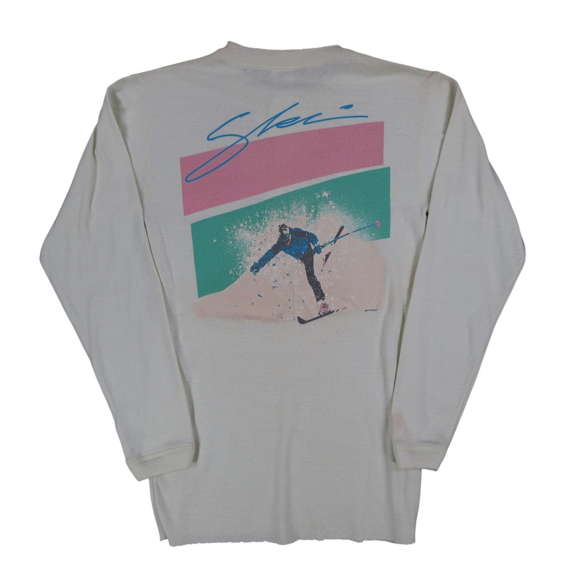 Buffalo Shirts Henley Shirt Medium Vintage 90s Skier Graphic Long Sleeve Cream - take2supply