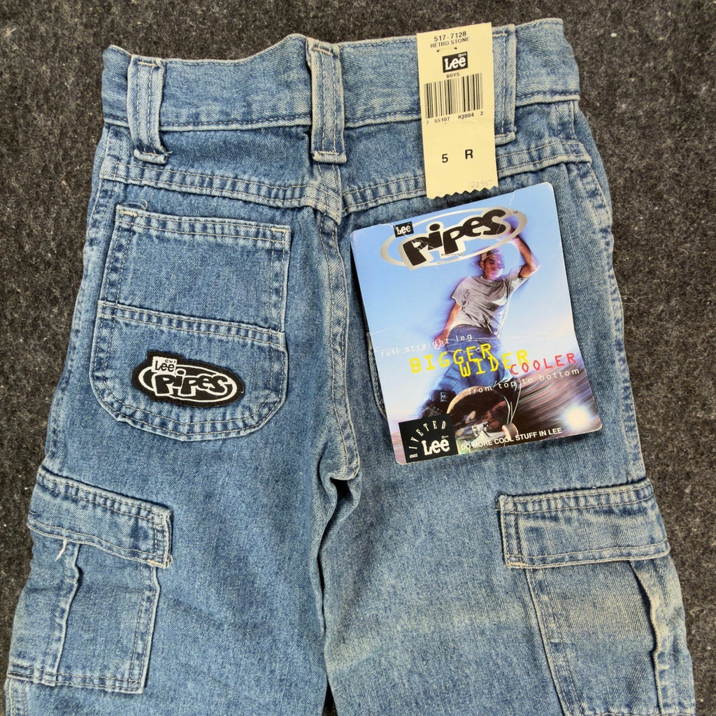 Lee Pipes Vintage 90s Cargo Jeans Boys 5 Reg Wide Leg NOS NWT Light Wash - take2supply