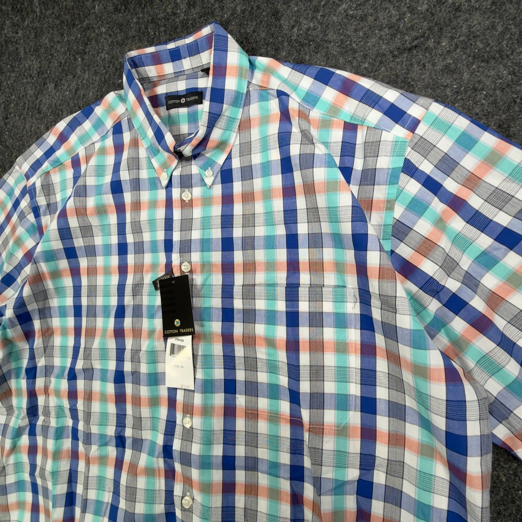Cotton Traders Plaid Short Sleeve Button Down Men XL Royal Cotton New - take2supply